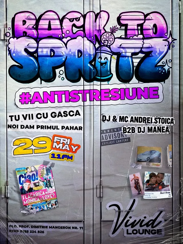 Afișul Back to Spritz #04 #Antistresiune: graffiti mov-albastru pe uși de dulap metalic, cu stickere