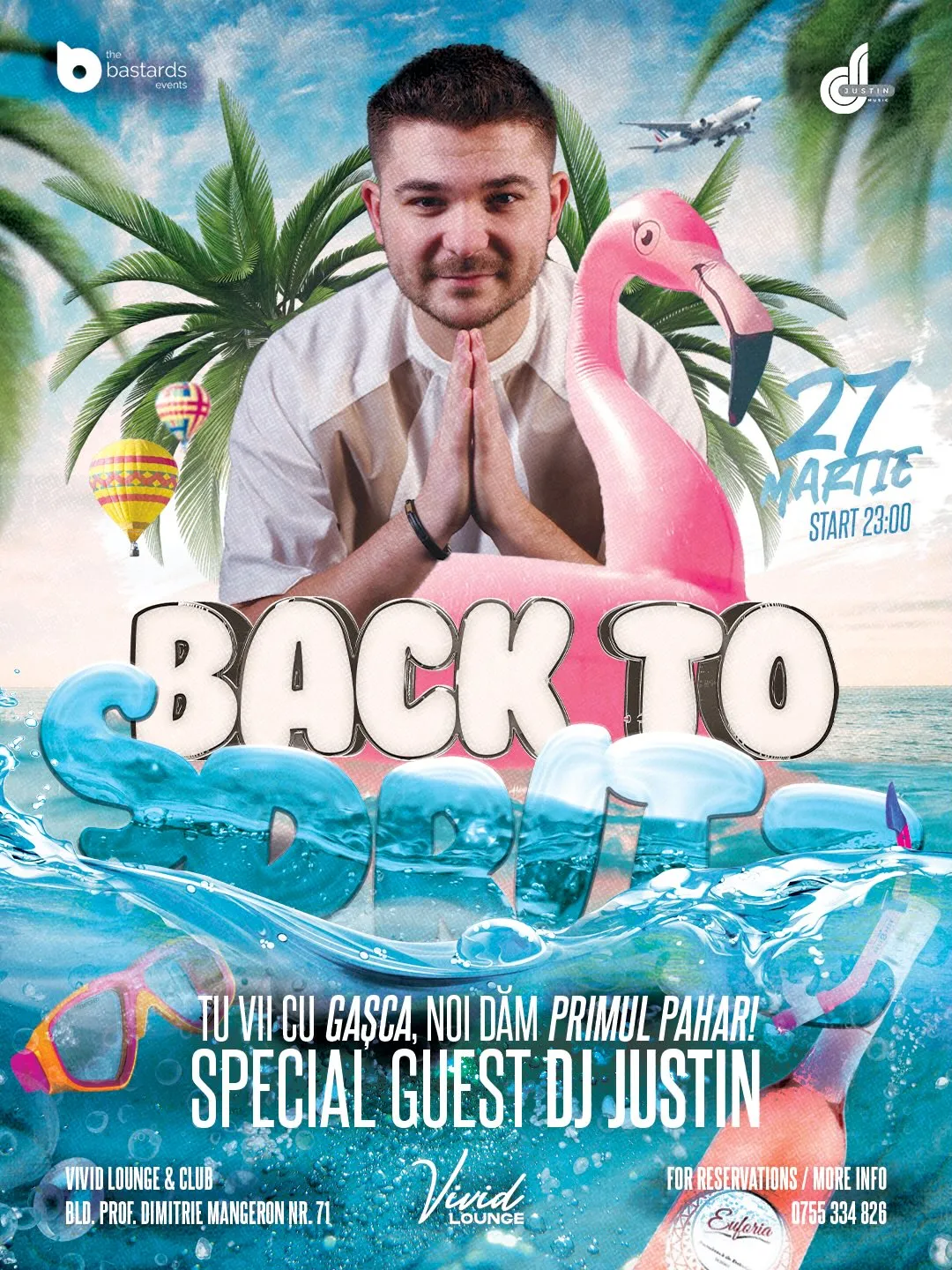 Afișul Back to Spritz #02: DJ Justin cu un flamingo gonflabil, logo-ul pe jumătate scufundat în apă