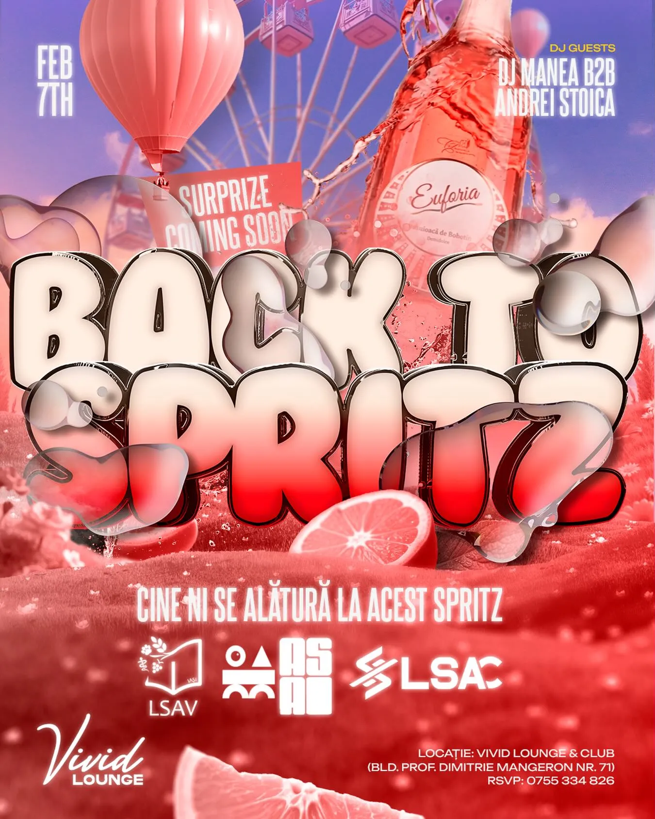 Afișul Back to Spritz #01: litere cremoase cu bule de sticlă, sticlă de Euforia rosé și grepfrut