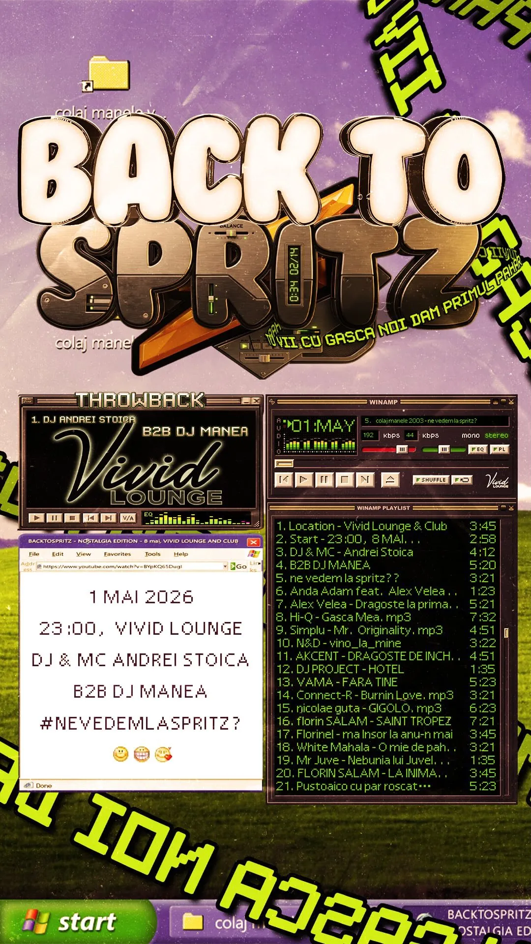 Afișul Back to Spritz #03 Nostalgia Edition: desktop Windows XP cu Winamp și playlist de manele